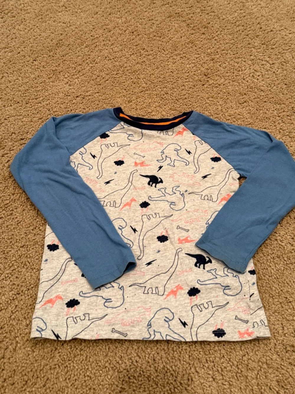 Boys Long-Sleeve Dinosaur Raglan Tee in Blue and Heather Gray